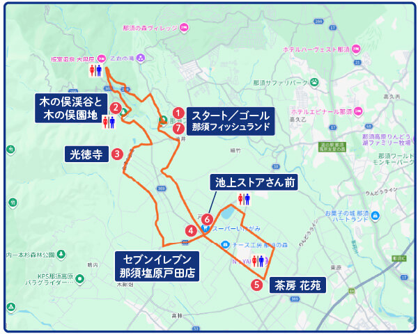 板室温泉街から塩原温泉街までの約35kmコースと、ウォーキングの7つのポイントを紹介した地図